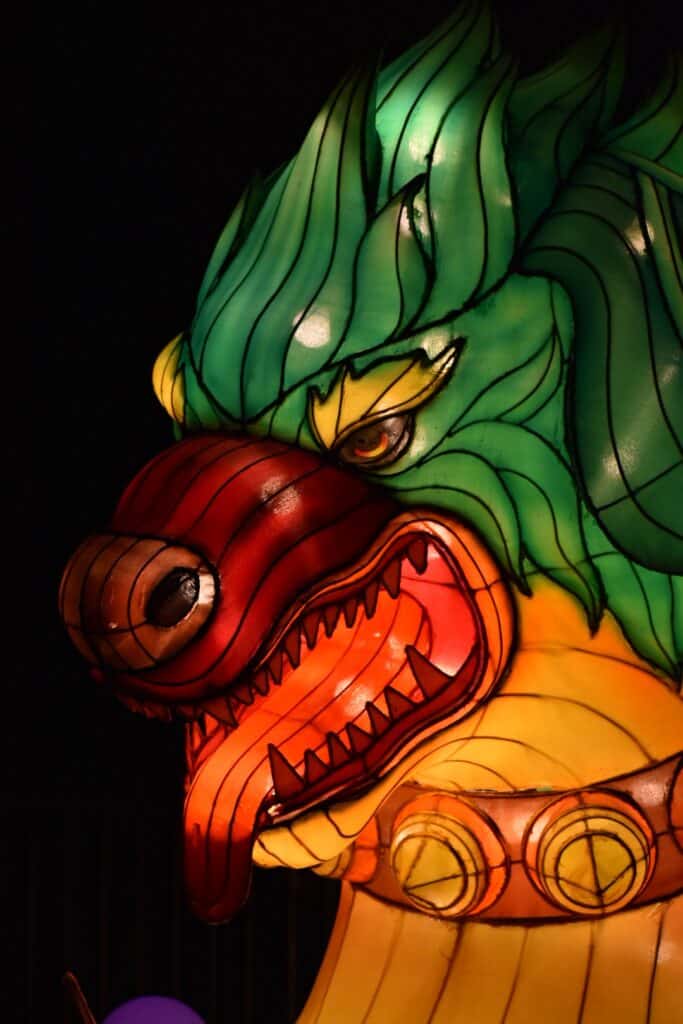 photo of a Chinese dog lantern with a mean look on his face